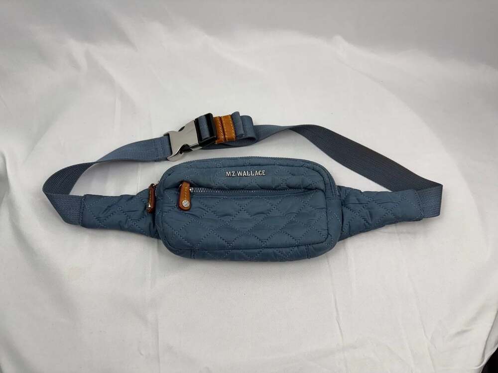 MZ Wallace Quilted Belt Bag in Slate Blue with Tan Accents
